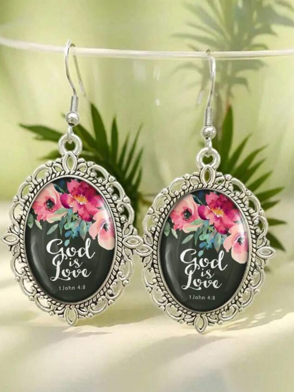'God is love' John 4:8 , Oval Drop Earrings